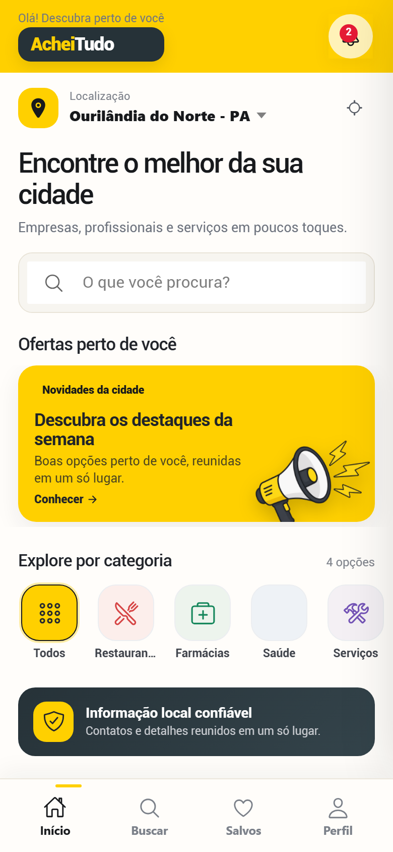 Tela inicial real do aplicativo AcheiTudo exibindo localização, busca, ofertas e categorias